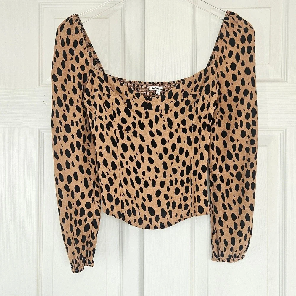 Reformation Reign Bobcat Animal Print Smocked Long Sleeve Square Neck Top Sz 6 - Picture 4 of 9